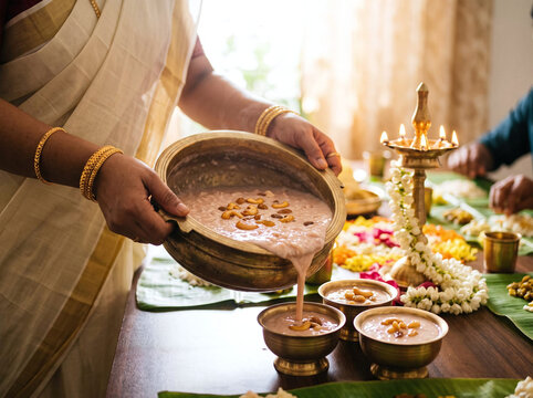 Woman serving traditional sweet palada payasam from uruli during Onam feast