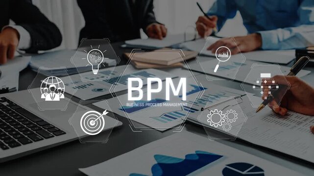A collaborative office scene showcasing business process management concepts. Visualized through charts, technology, and teamwork essentials that drive efficiency and innovation. Raster