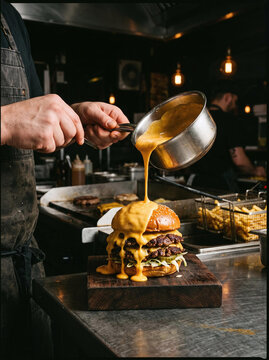 Chef pouring hot melted cheddar cheese over a double smash burger in a kitchen