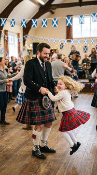 Father spinning his daughter at a lively St Andrew's Day ceilidh dance hall