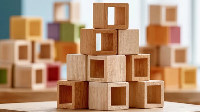 Stacked tower of colorful wooden building blocks on light wood surface, soft blurred light blue background, concept for construction, creativity and kids education