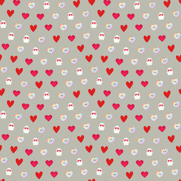 Seamless pattern of red hearts and cute ghosts