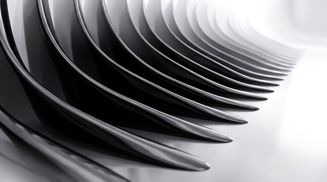 Close up abstract of metal fork tines curving into a perspective with abstract perspective kitchenware minimalist background industrial material