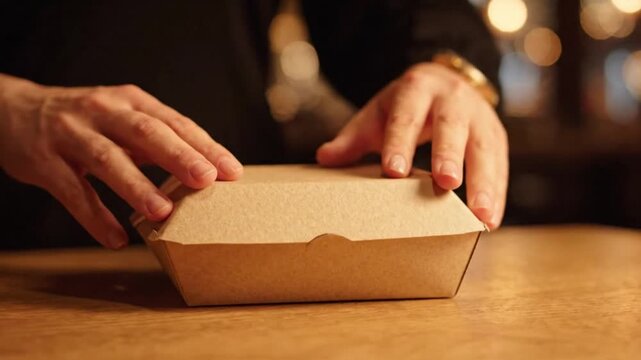 Hands closing a cardboard takeout box over a fresh delicious cheeseburger