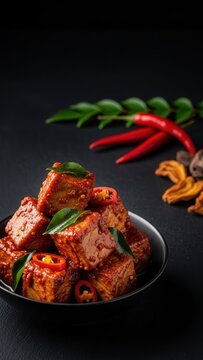 Dramatic Maldivian Kulhimas Spicy Yellowfin Tuna on Dark Basalt with Copy Space