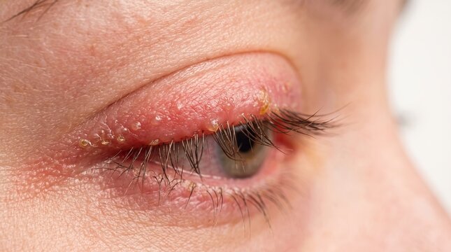 Macro close up of human eye suffering from blepharitis with crusty debris on eyelashes