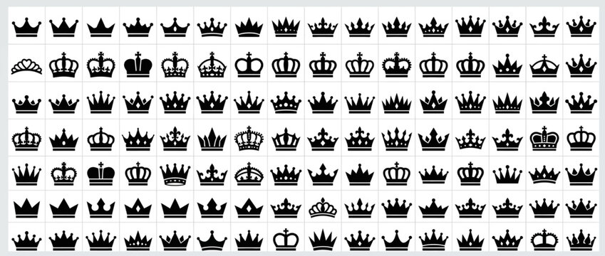 Collection of various royal crown icons and silhouettes on white background