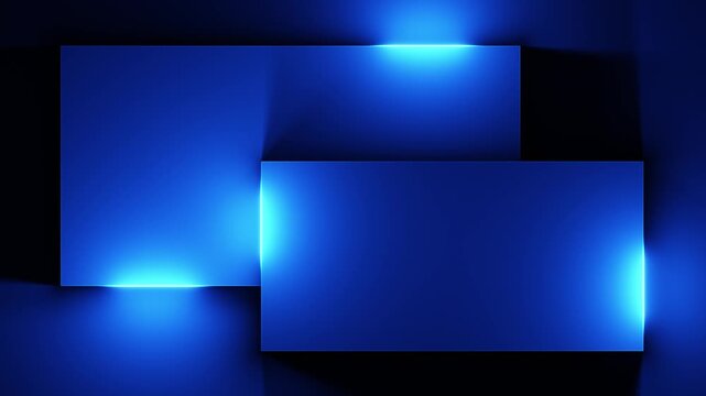 Blue neon light moving along edges of layered panels on dark navy, glowing geometric rectangles abstract background, loop