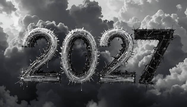 Large metallic number 2027 constructed from layered cables and rods with mechanical details shown against a background of dark dense clouds new year 2027