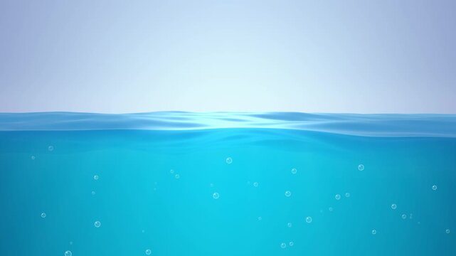 Blue water surface with gentle waves and rising bubbles underwater, clear turquoise ocean split view background, seamless loop