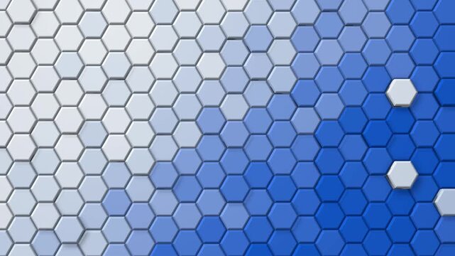 Blue and white hexagon wall with 3D tiles popping out and sinking back, honeycomb pattern abstract background, seamless loop