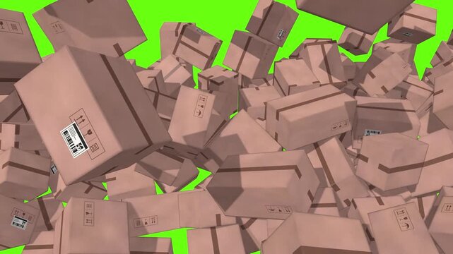 Cardboard boxes falling and piling up to fill screen on green screen, shipping parcels delivery and logistics transition