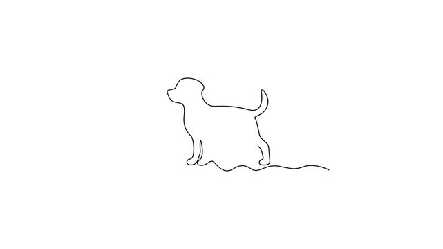 Continuous line drawing of a cute dog animation, minimalist outline illustration with smooth flowing movement.Full length single line animation.