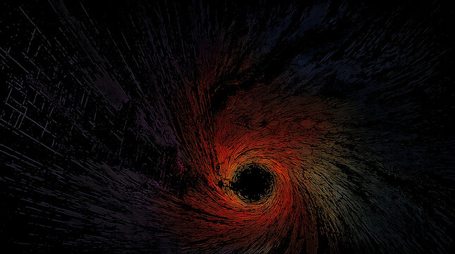 Abstract red and orange digital vortex swirling in a dark space background with particle effect