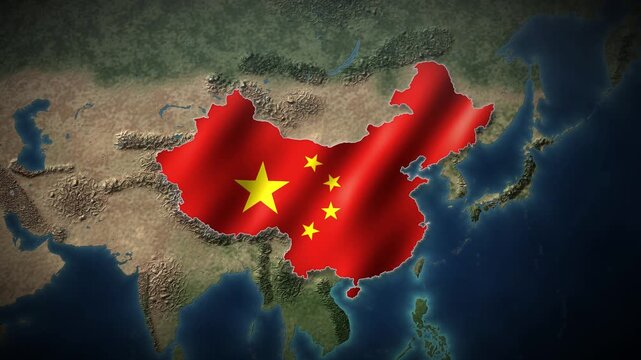 China flag waving inside country map on satellite terrain map of East Asia, national flag map of the People's Republic of China