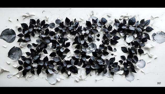 Black, gray, and white paper leaves arranged in layered flowing pattern across a white background with visible number 2027 new year 2027