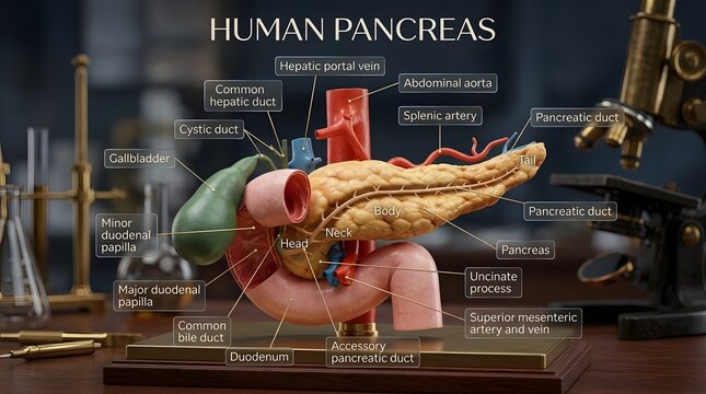 3D model showing human pancreas anatomy with labels for medical education in a laboratory.