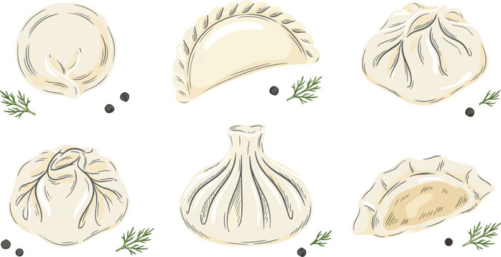 Hand Drawn Dumpling Vector Set Featuring Traditional Khinkali, Gyoza, Pierogi, and Ravioli Illustrations for Restaurant Menus, Food Blogs, and Culinary Graphic Designs