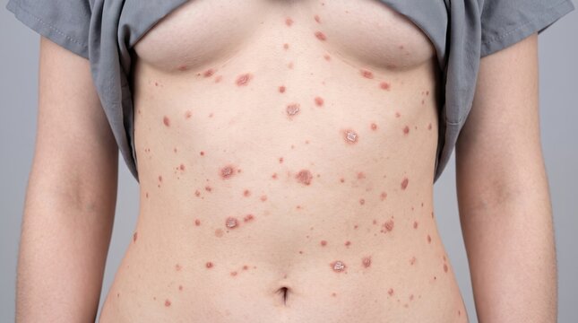 Female torso covered in red itchy blisters and spots indicating chickenpox monkeypox or allergic dermatitis