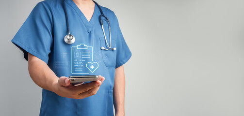Healthcare professional doctor using smartphone with real-time patient metrics and risk data....