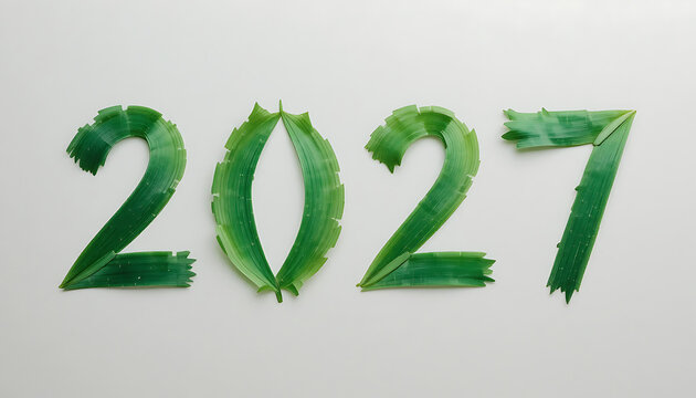 Green leaves arranged to form the number 2027 with each digit shaped from leaf segments on a clean white background happy new year 2027 celebrate new year 2027
