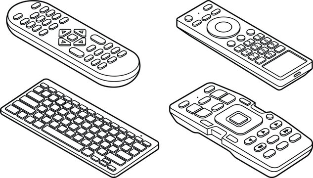 Vector collection of isometric line art icons featuring remote controllers for television smart media devices and a wireless computer keyboard