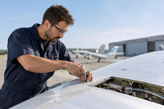 Technician checking wing inspection panel fasteners