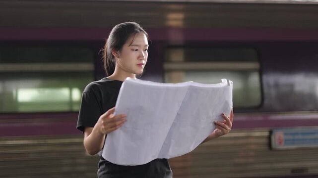 Asian female tourist reading a map at the train station platform.