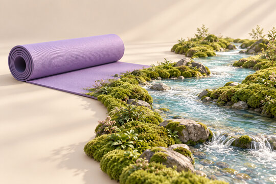 A lavender yoga mat unfolds into a winding miniature river with mossy banks, connecting mindful movement with flowing nature in a concept of emotional balance, flexibility and a slower daily rhythm.