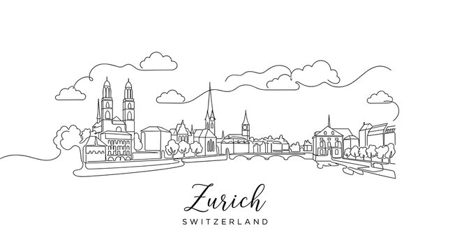 Minimalist line art depiction of Zurich Switzerland skyline with iconic church spires and cityscape against a cloudy sky for