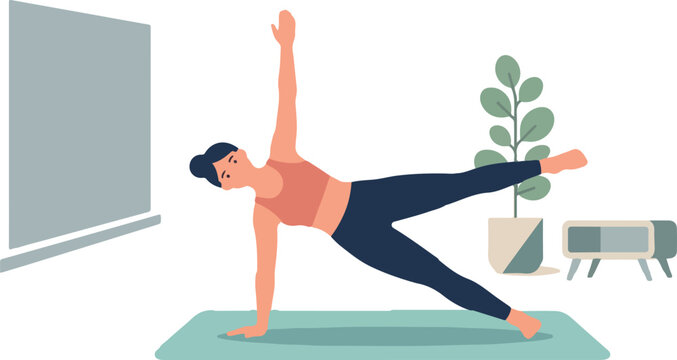 Minimalist healthy lifestyle illustration with female character performing side plank core exercise vector