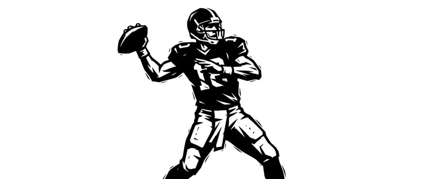American football quarterback throwing ball illustration, black and white sports graphic