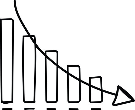 Black downward trend arrow over decreasing bar chart graphic on transparent background.