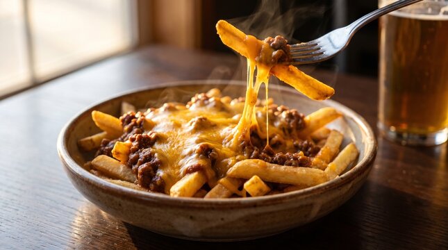 Fork lifting melted cheese from loaded fries, ground beef poutine on wooden plate