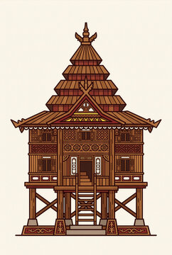 Banua Tada traditional Buton house, Southeast Sulawesi Indonesia, flat vector illustration

