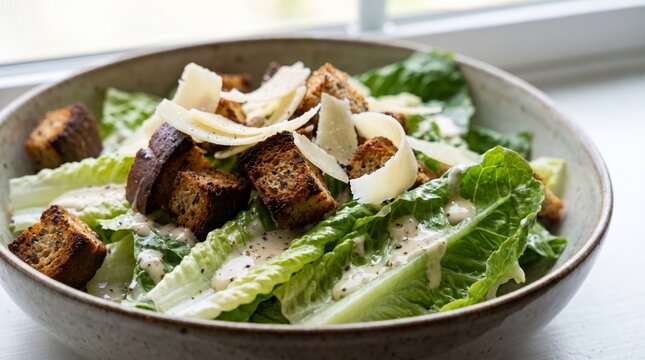 Caesar salad with crispy croutons, romaine lettuce, parmesan shavings