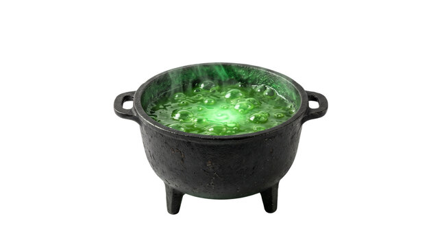 Spooky witch cauldron with bubbling green potion, cast iron magic pot with glowing liquid, Halloween alchemy vessel isolated on white