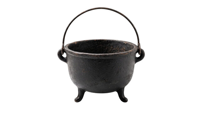 Antique cast iron cauldron with handle, rustic black metal cooking pot on legs, vintage witch cauldron for Halloween and historical themes