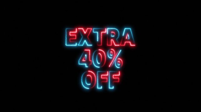 Extra 40% off neon sign animation, glowing red and blue text for retail sales and promotional marketing campaigns