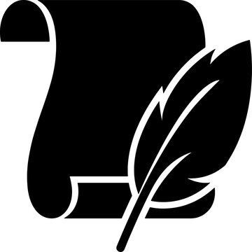 Black and white vector icon of a paper scroll and feather