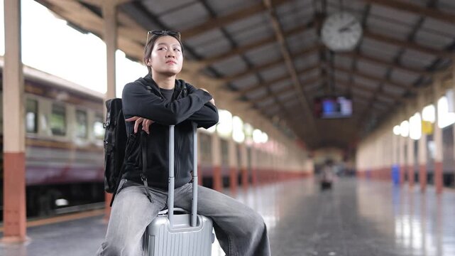 Young woman with backpack waiting for a train at the station. Asian backpacker sitting on her luggage waiting for her train on the platform. Female tourist enjoying her journey at a railway station.
