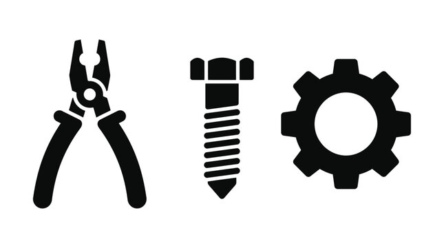 Pliers screw and gear silhouettes against a white background