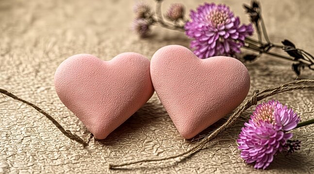 Two pink hearts with delicate flowers on textured background for romantic love and Valentine concept