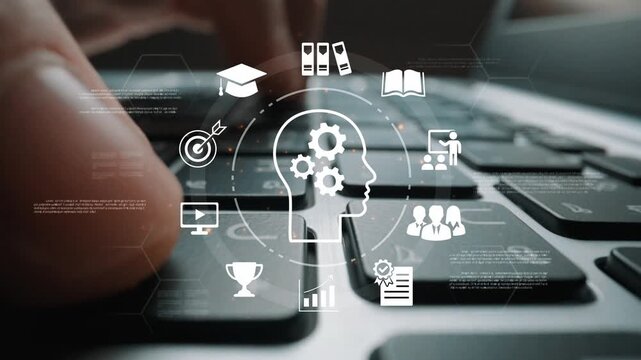 Business Mindset Concept with Gears and Icons Representing Education, Knowledge, and Skills over Laptop Keyboard Background Gluon.