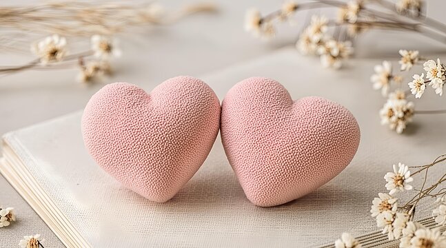 Delicate pink heart-shaped cakes on an open book, surrounded by dried flowers, symbolizing sweet love and romantic affection