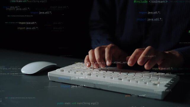 A close-up shot of hands actively typing on a keyboard, surrounded by digital code overlay, capturing the essence of programming in a tech-driven workspace. Xenic