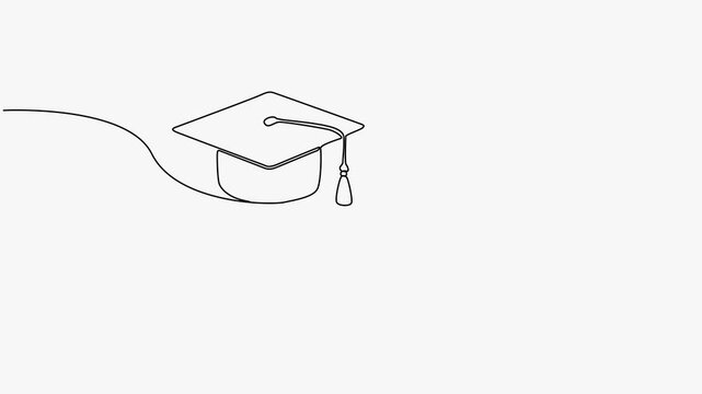 Continuous Line Art Animation of Graduation Cap Balloons and Diploma Scroll on White   