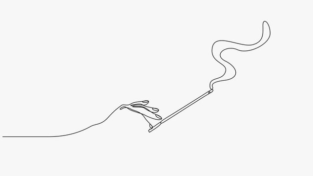 Continuous Line Art Animation of Hand Holding Smoking Incense Stick on Clean White Background   