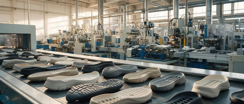 Shoe soles moving on automated industrial assembly line conveyor belt with conveyor assembly manufacturing industrial production footwear