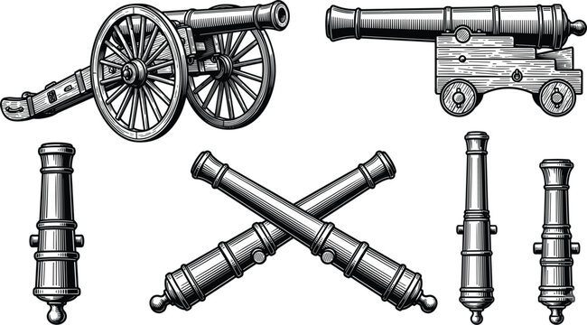 Vintage engraved vector illustration set of old military cannons artillery weapons and crossed cannon barrels
